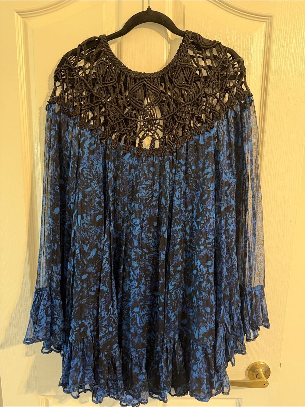 Free People Faded Daisy Macrame chiffon Blue Floral Dress